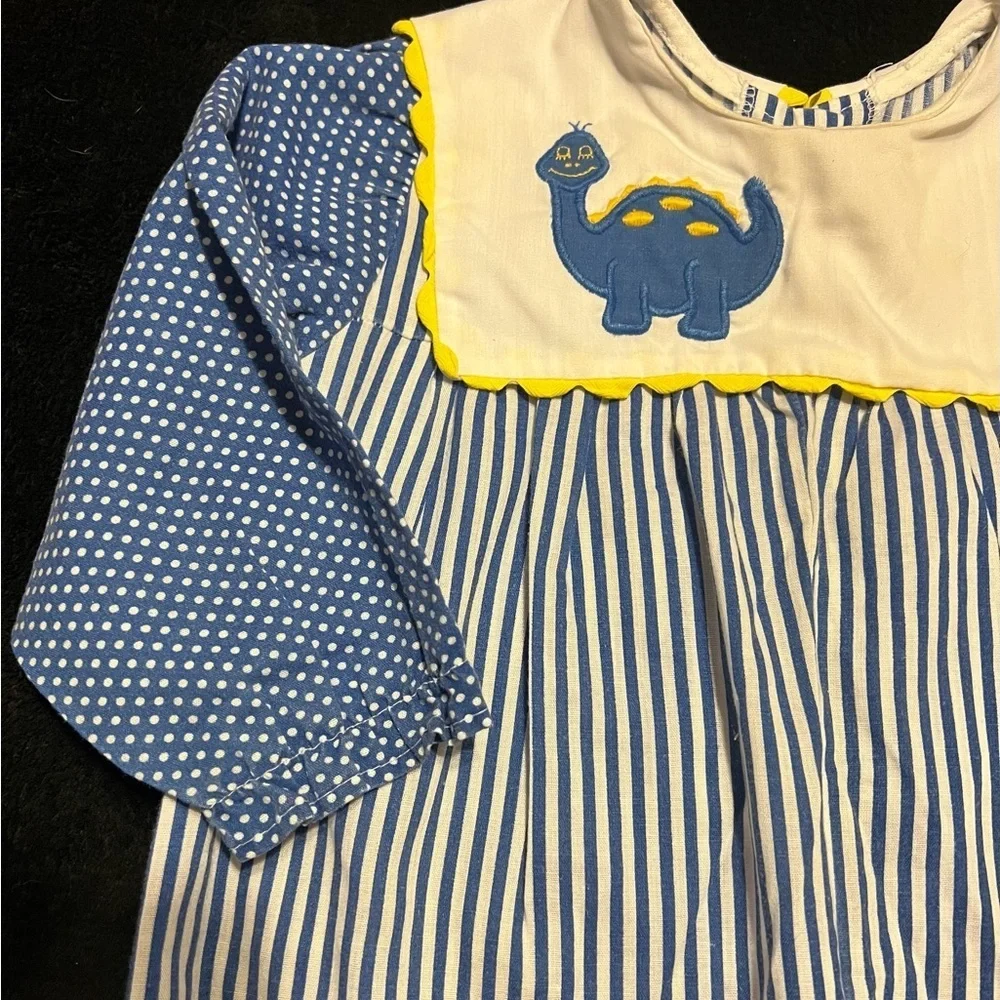 *True Vtg 70’s 2T/3T Baby Boy Home Sewn Blue & White Striped Romper w/ Dinosaur